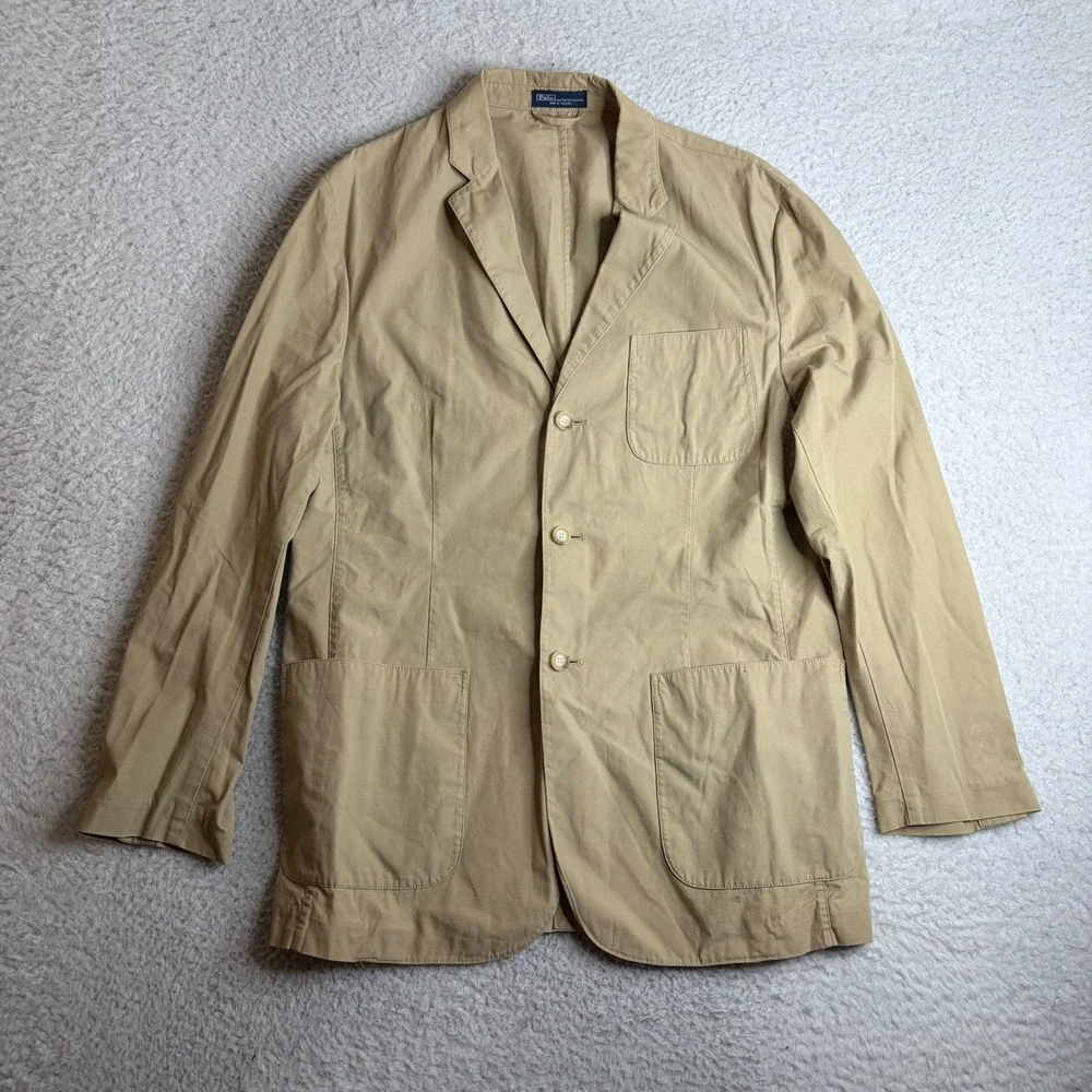 Polo Ralph Lauren Mens Khaki Cotton 3-Button Casual Blazer Jacket Tan Size M